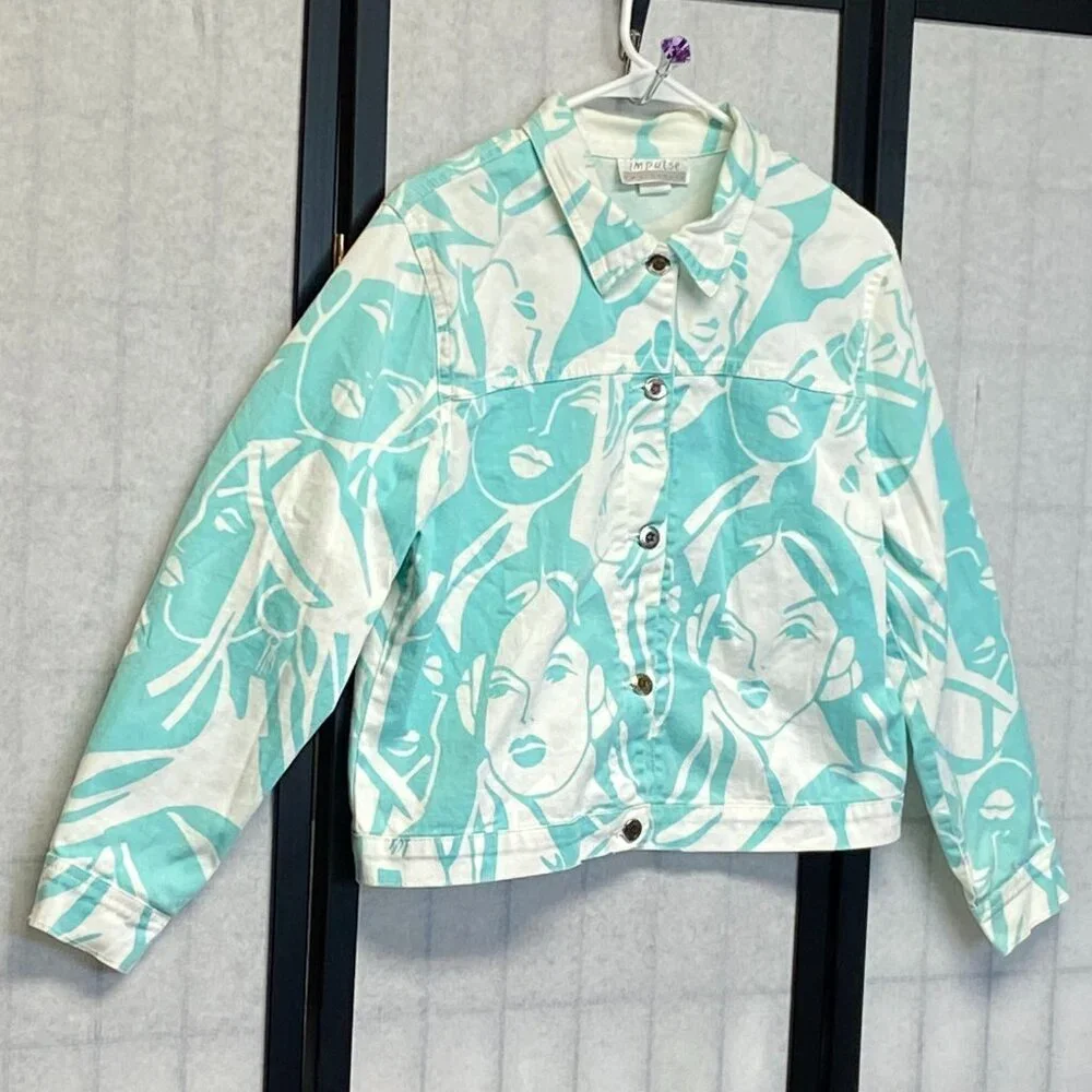 Impulse California Trucker Jean Jacket M White Aqua Pop Art Graphic Female Faces - Picture 3 of 12
